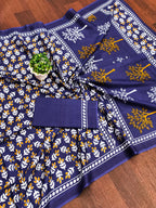 TAAPTI PURE MULMUL COTTON HAND PRINTD BLUE SAREE