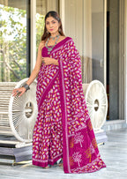 TAAPTI PURE MULMUL COTTON HAND PRINTD PINK SAREE