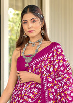 TAAPTI PURE MULMUL COTTON HAND PRINTD PINK SAREE