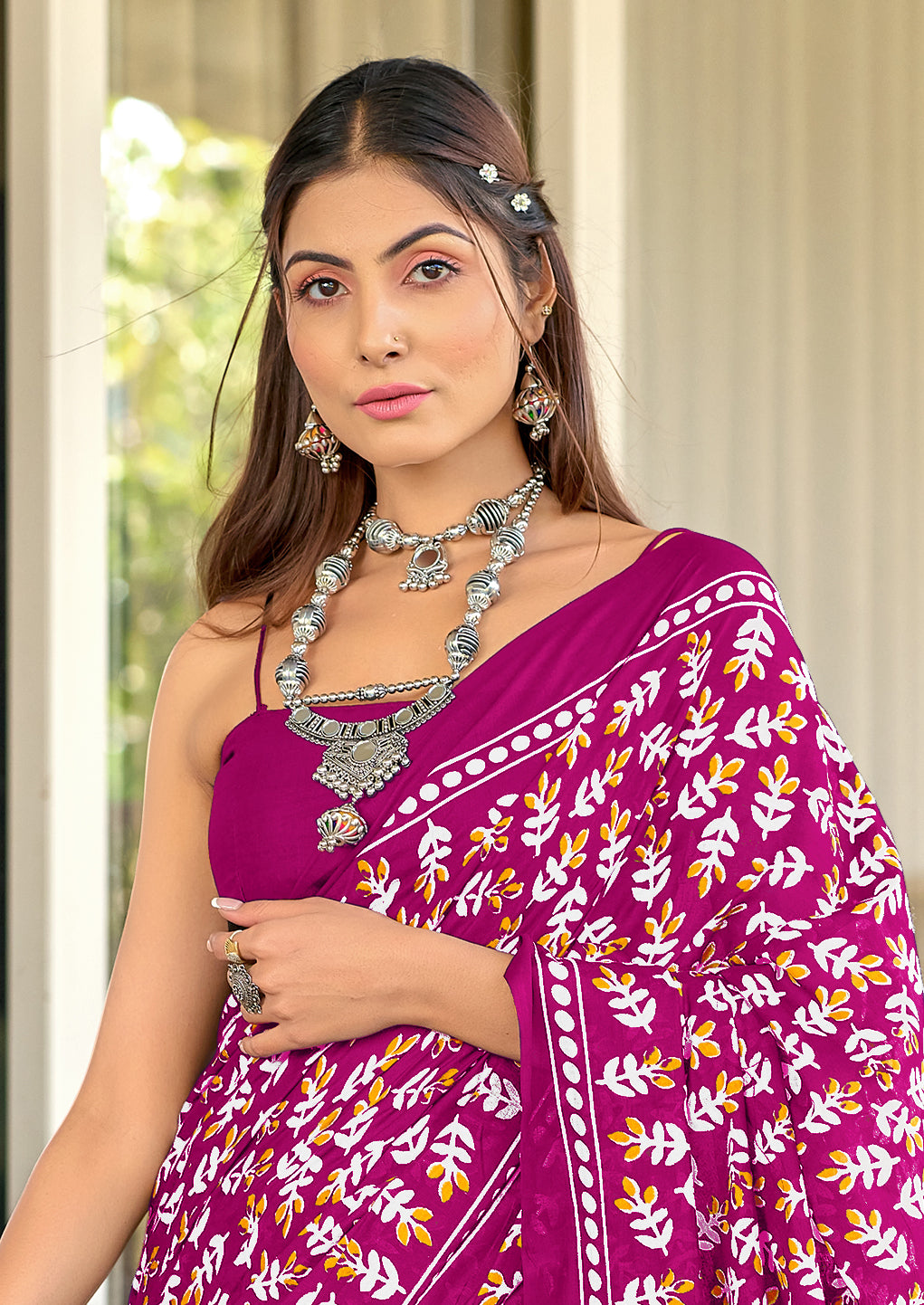 TAAPTI PURE MULMUL COTTON HAND PRINTD PINK SAREE