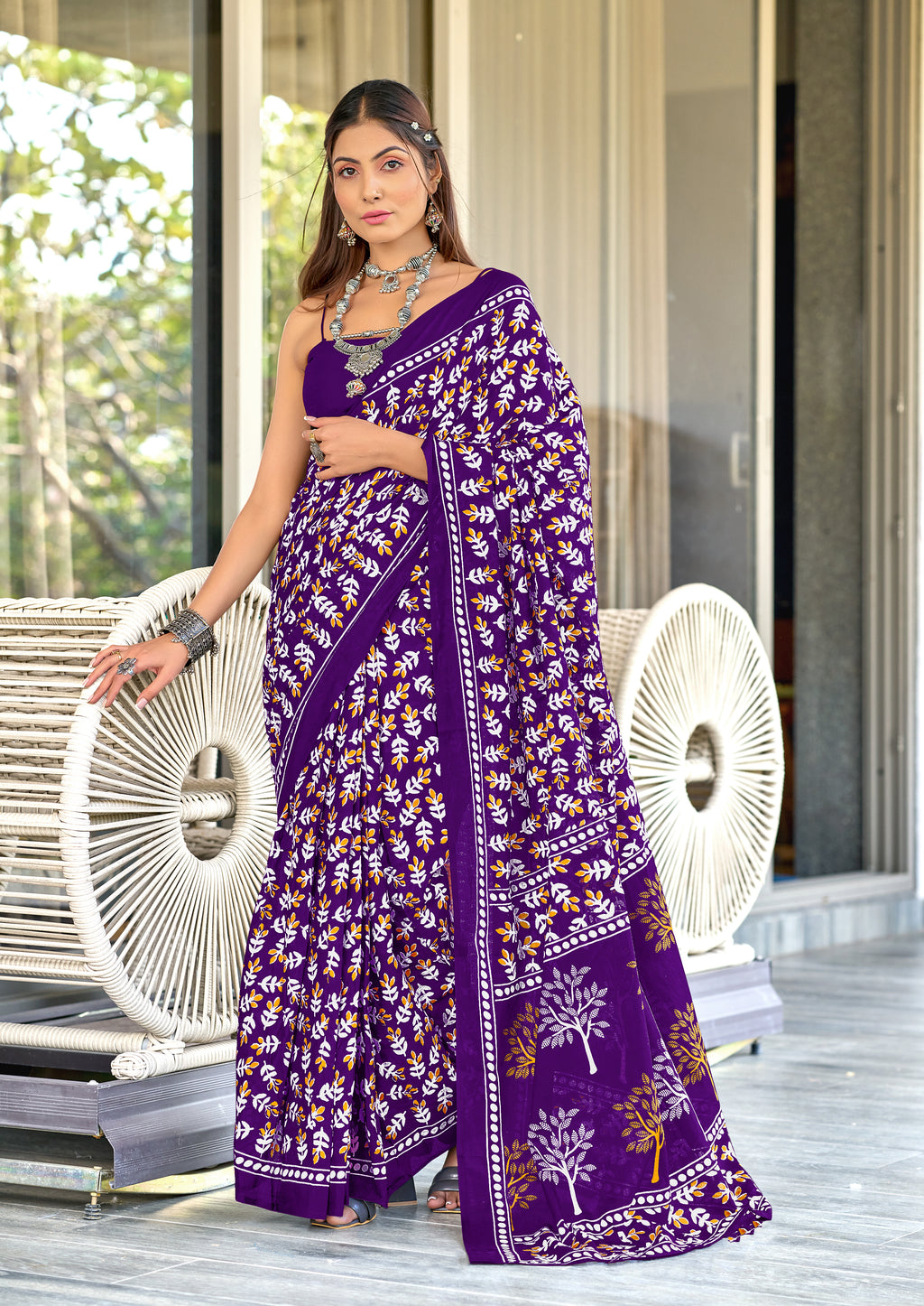 TAAPTI PURE MULMUL COTTON HAND PRINTD PURPLE SAREE