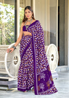 TAAPTI PURE MULMUL COTTON HAND PRINTD PURPLE SAREE