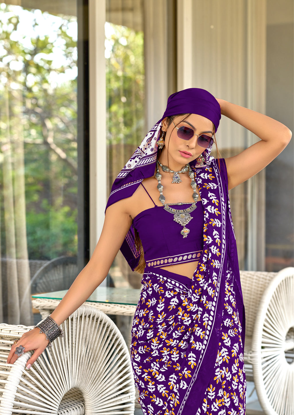 TAAPTI PURE MULMUL COTTON HAND PRINTD PURPLE SAREE