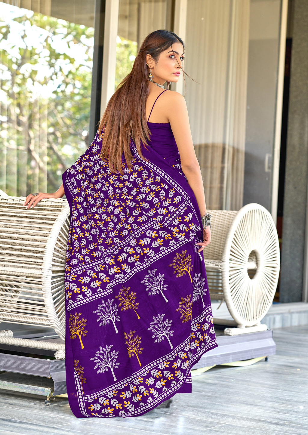 TAAPTI PURE MULMUL COTTON HAND PRINTD PURPLE SAREE