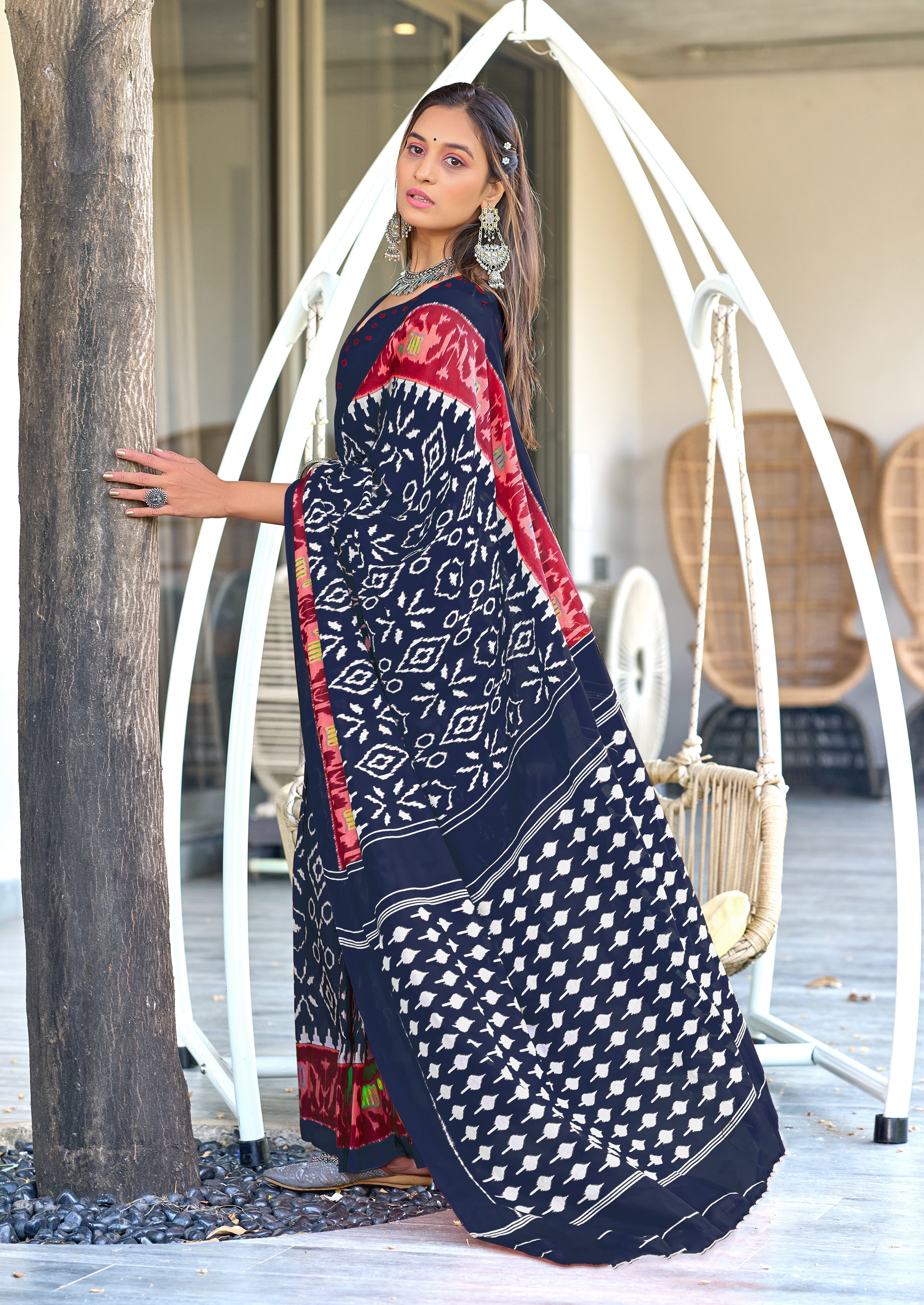 VAMIKA PURE MULMUL COTTON IKKAT HAND BLOCK PRINT PURPLE SAREE