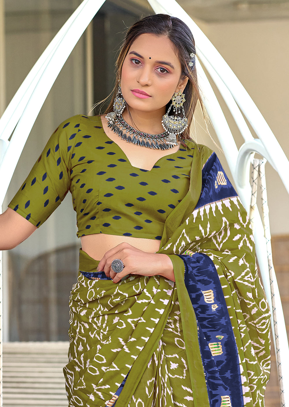 VAMIKA PURE MULMUL COTTON IKKAT HAND BLOCK PRINT OLIVE GREEN SAREE