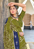 VAMIKA PURE MULMUL COTTON IKKAT HAND BLOCK PRINT OLIVE GREEN SAREE