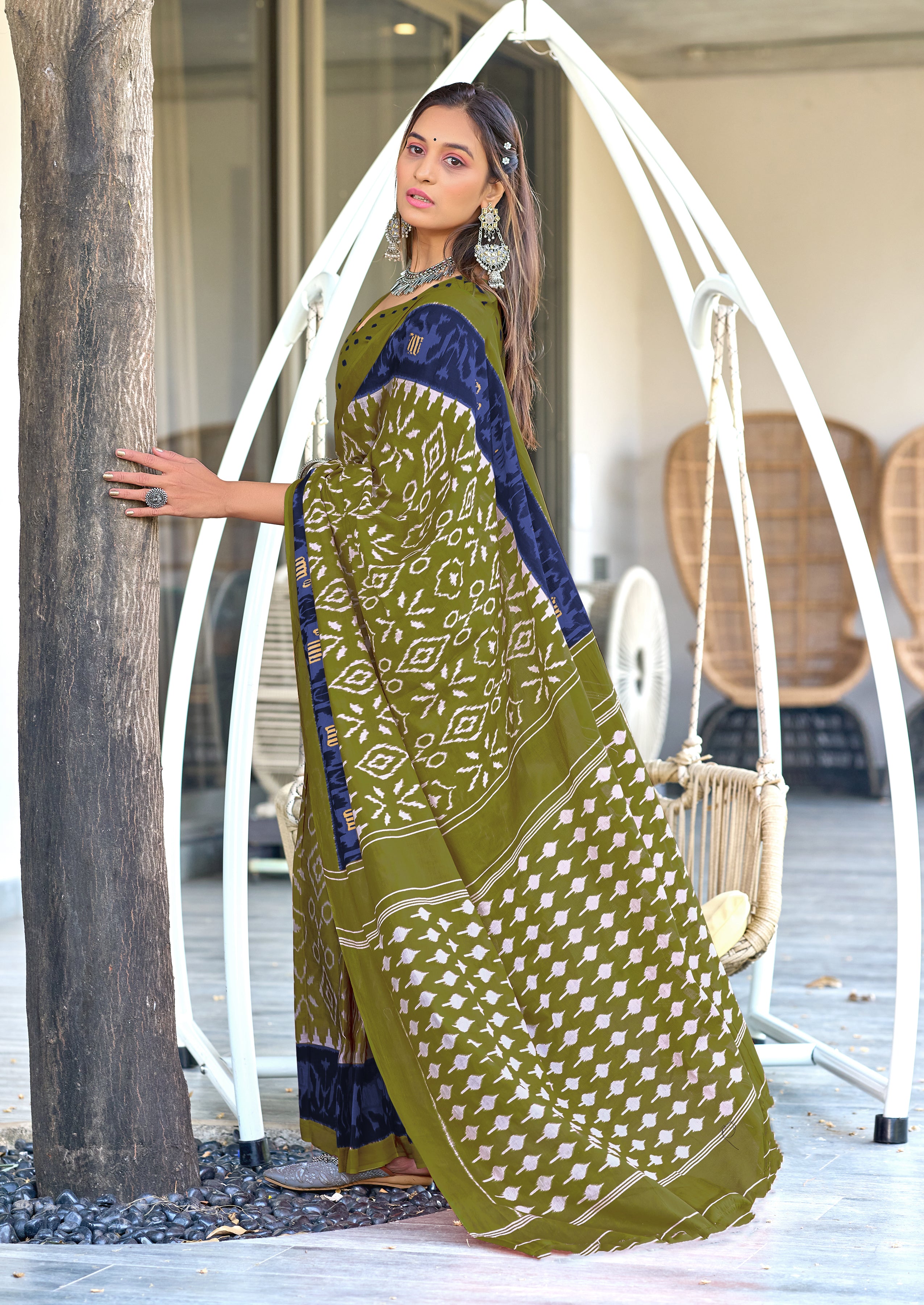 VAMIKA PURE MULMUL COTTON IKKAT HAND BLOCK PRINT OLIVE GREEN SAREE