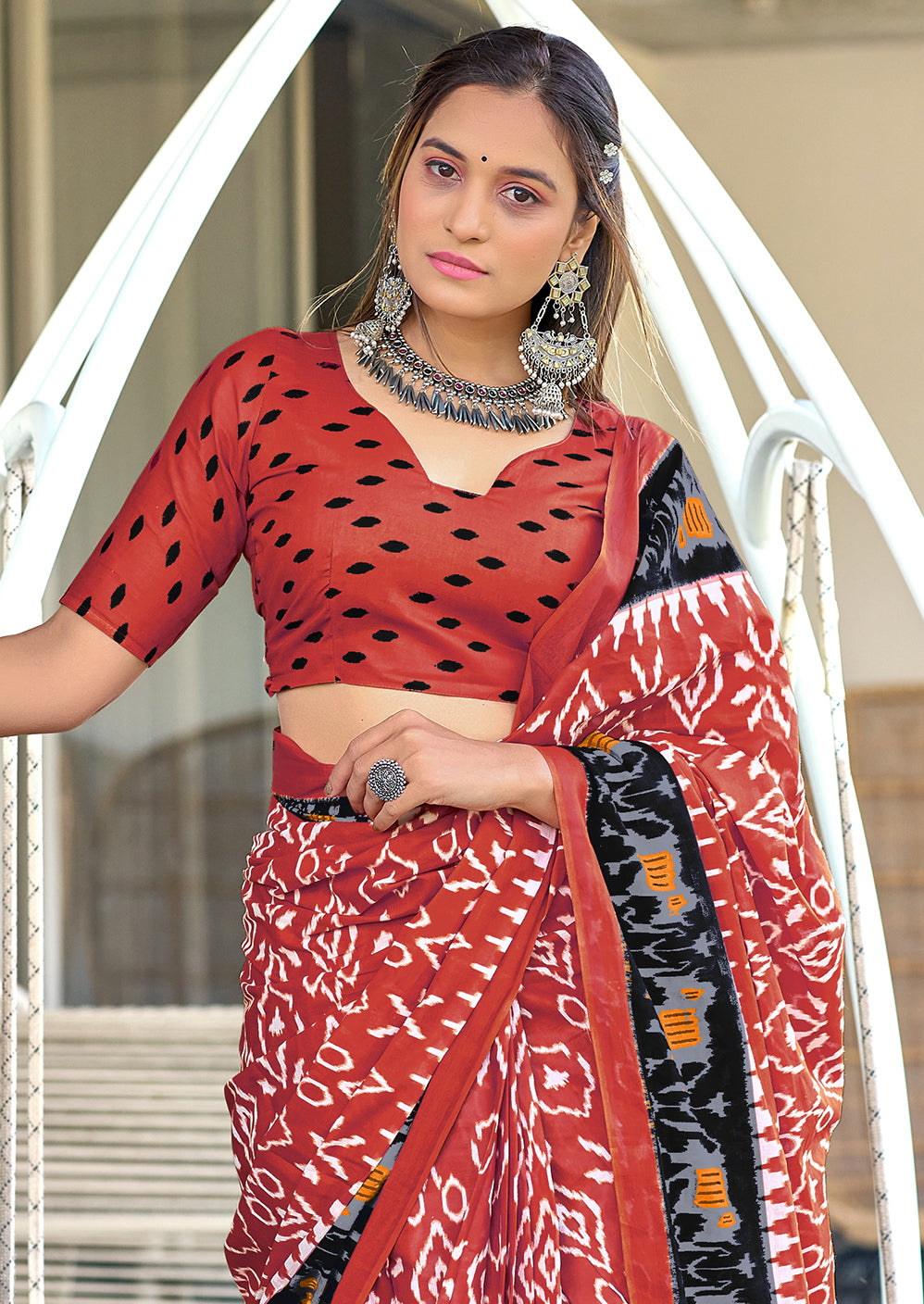 VAMIKA PURE MULMUL COTTON IKKAT HAND BLOCK PRINT PEACH SAREE