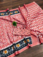 VAMIKA PURE MULMUL COTTON IKKAT HAND BLOCK PRINT PEACH SAREE