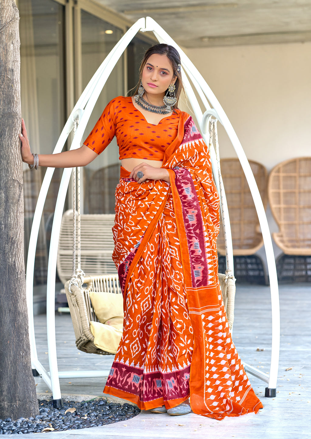 VAMIKA PURE MULMUL COTTON IKKAT HAND BLOCK PRINT RUST ORANGE SAREE
