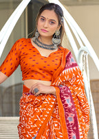 VAMIKA PURE MULMUL COTTON IKKAT HAND BLOCK PRINT RUST ORANGE SAREE