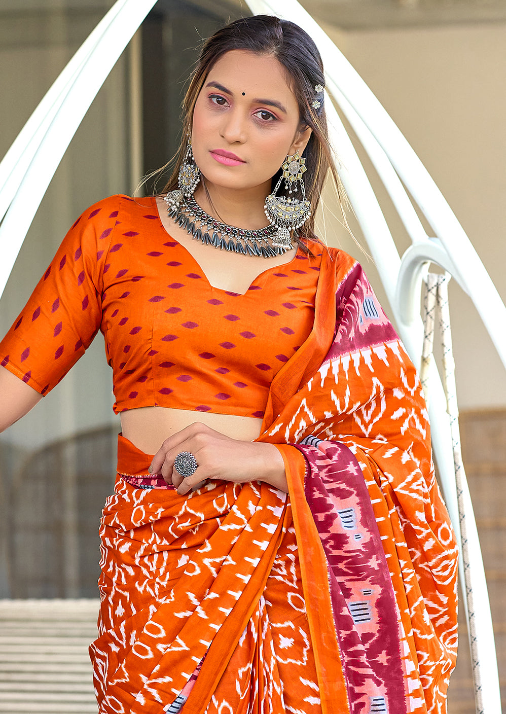 VAMIKA PURE MULMUL COTTON IKKAT HAND BLOCK PRINT RUST ORANGE SAREE