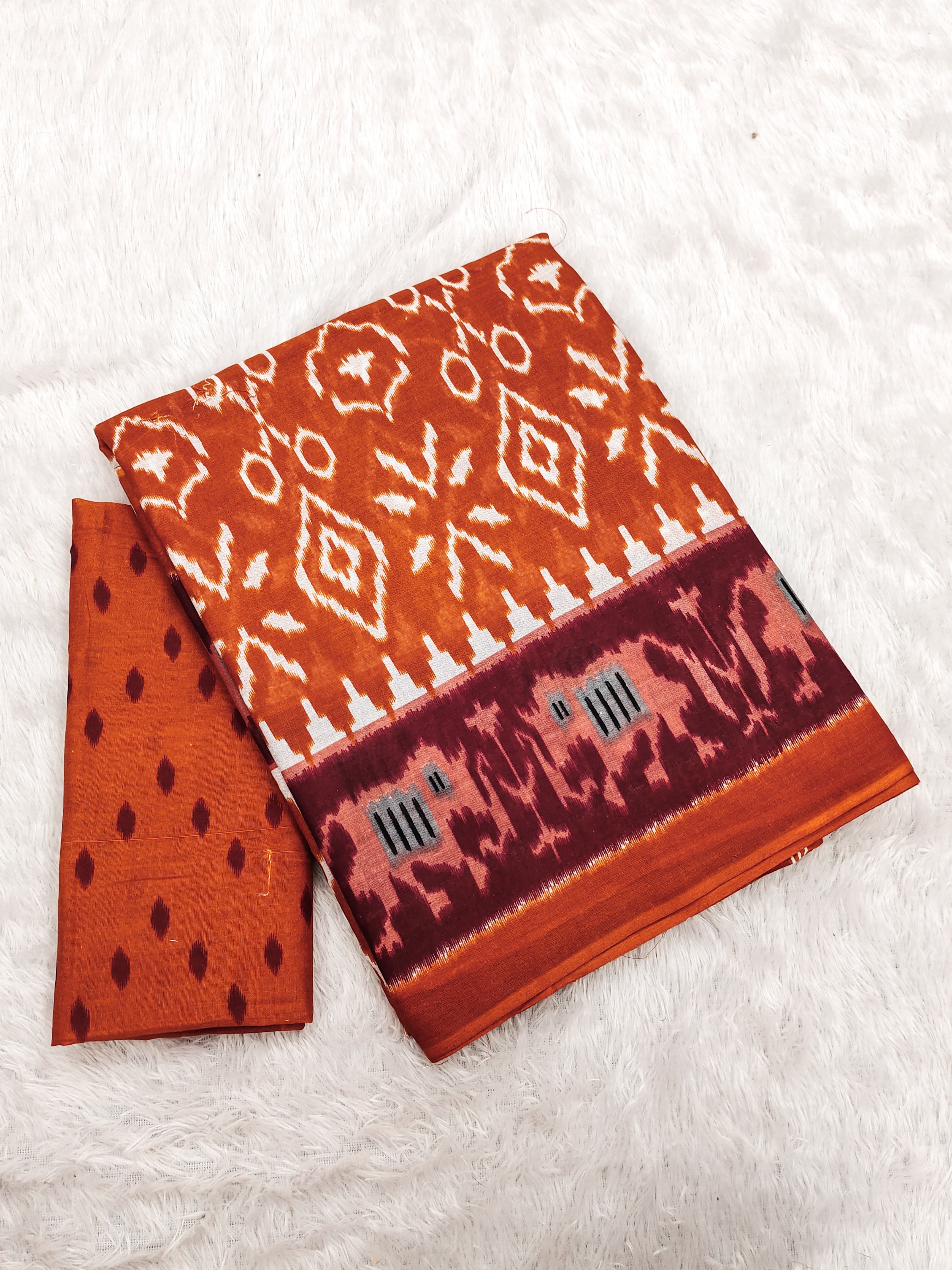 VAMIKA PURE MULMUL COTTON IKKAT HAND BLOCK PRINT RUST ORANGE SAREE