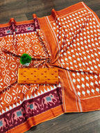 VAMIKA PURE MULMUL COTTON IKKAT HAND BLOCK PRINT RUST ORANGE SAREE