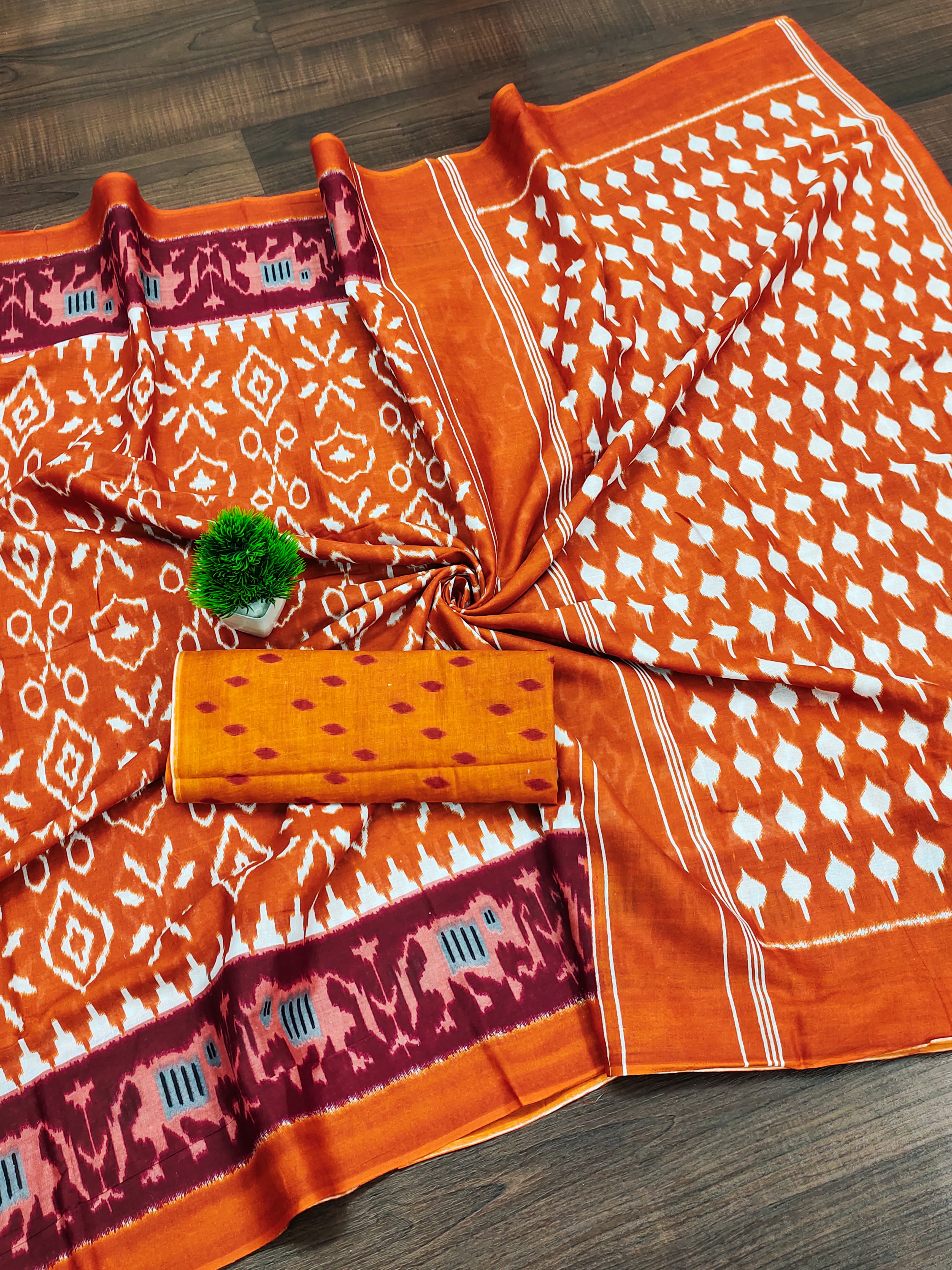 VAMIKA PURE MULMUL COTTON IKKAT HAND BLOCK PRINT RUST ORANGE SAREE