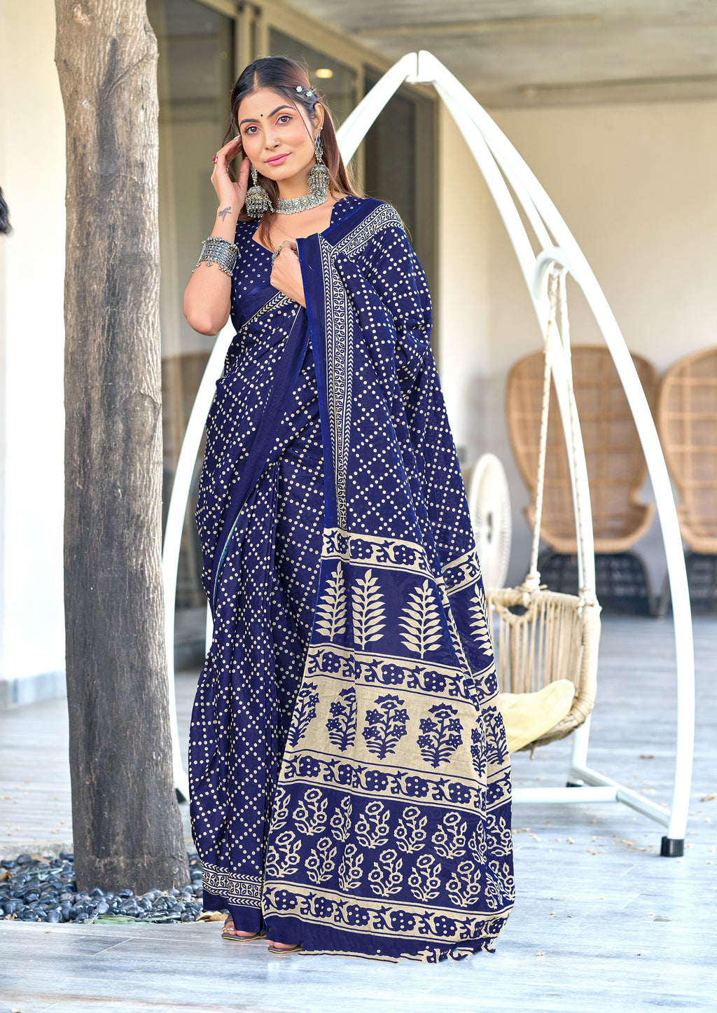VICTORIYA PURE MULMUL COTTON HAND BANDHANI BLOCK PRINT BLUE SAREE