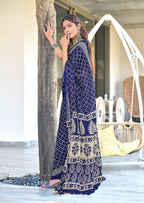 VICTORIYA PURE MULMUL COTTON HAND BANDHANI BLOCK PRINT BLUE SAREE