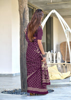 VICTORIYA PURE MULMUL COTTON HAND BANDHANI BLOCK PRINT PURPLE SAREE