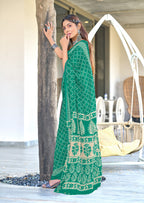 VICTORIYA PURE MULMUL COTTON HAND BANDHANI BLOCK PRINT TEAL GREEN SAREE