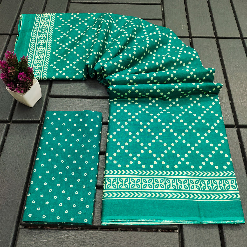 VICTORIYA PURE MULMUL COTTON HAND BANDHANI BLOCK PRINT TEAL GREEN SAREE