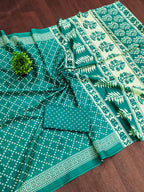 VICTORIYA PURE MULMUL COTTON HAND BANDHANI BLOCK PRINT TEAL GREEN SAREE