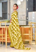 VIHAANA PURE MULMUL COTTON ZIGZAG HAND BLOCK PRINTED OLIVE GREEN SAREE