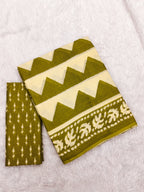 VIHAANA PURE MULMUL COTTON ZIGZAG HAND BLOCK PRINTED OLIVE GREEN SAREE