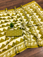 VIHAANA PURE MULMUL COTTON ZIGZAG HAND BLOCK PRINTED OLIVE GREEN SAREE
