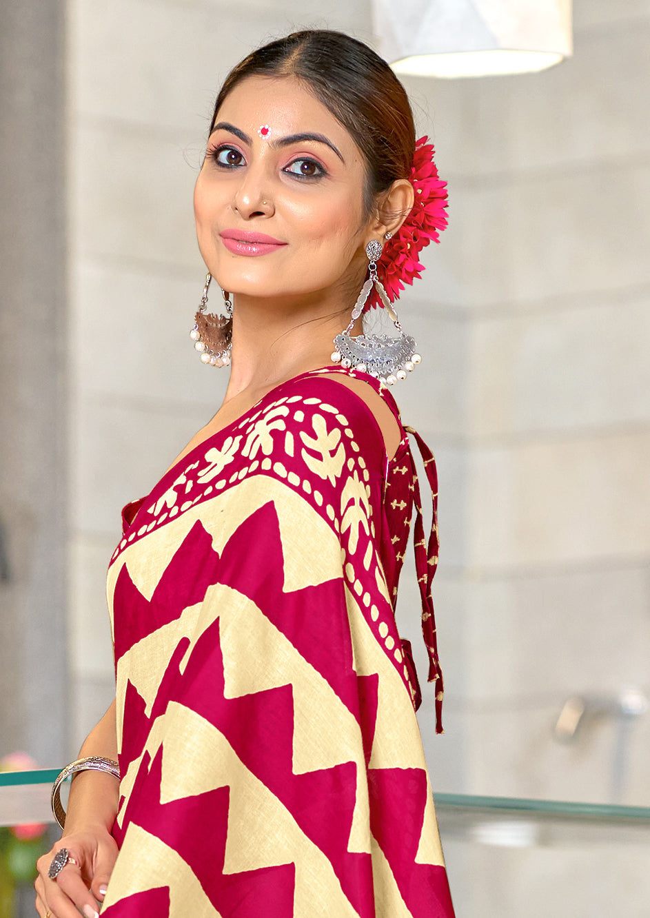 VIHAANA PURE MULMUL COTTON ZIGZAG HAND BLOCK PRINTED OLIVE PINK SAREE