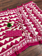 VIHAANA PURE MULMUL COTTON ZIGZAG HAND BLOCK PRINTED OLIVE PINK SAREE