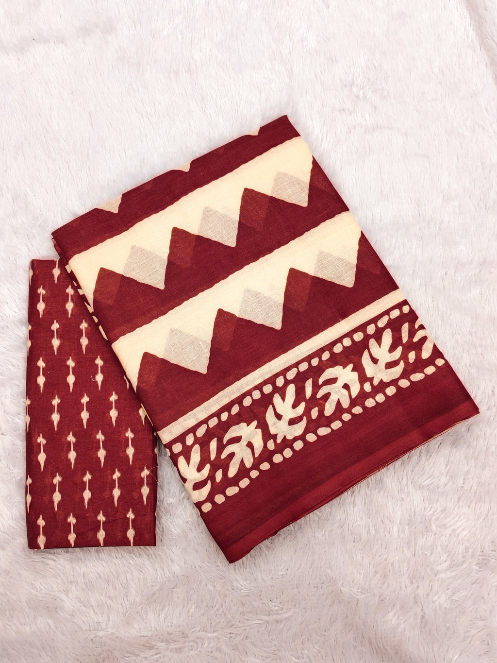 VIHAANA PURE MULMUL COTTON ZIGZAG HAND BLOCK PRINTED RED SAREE
