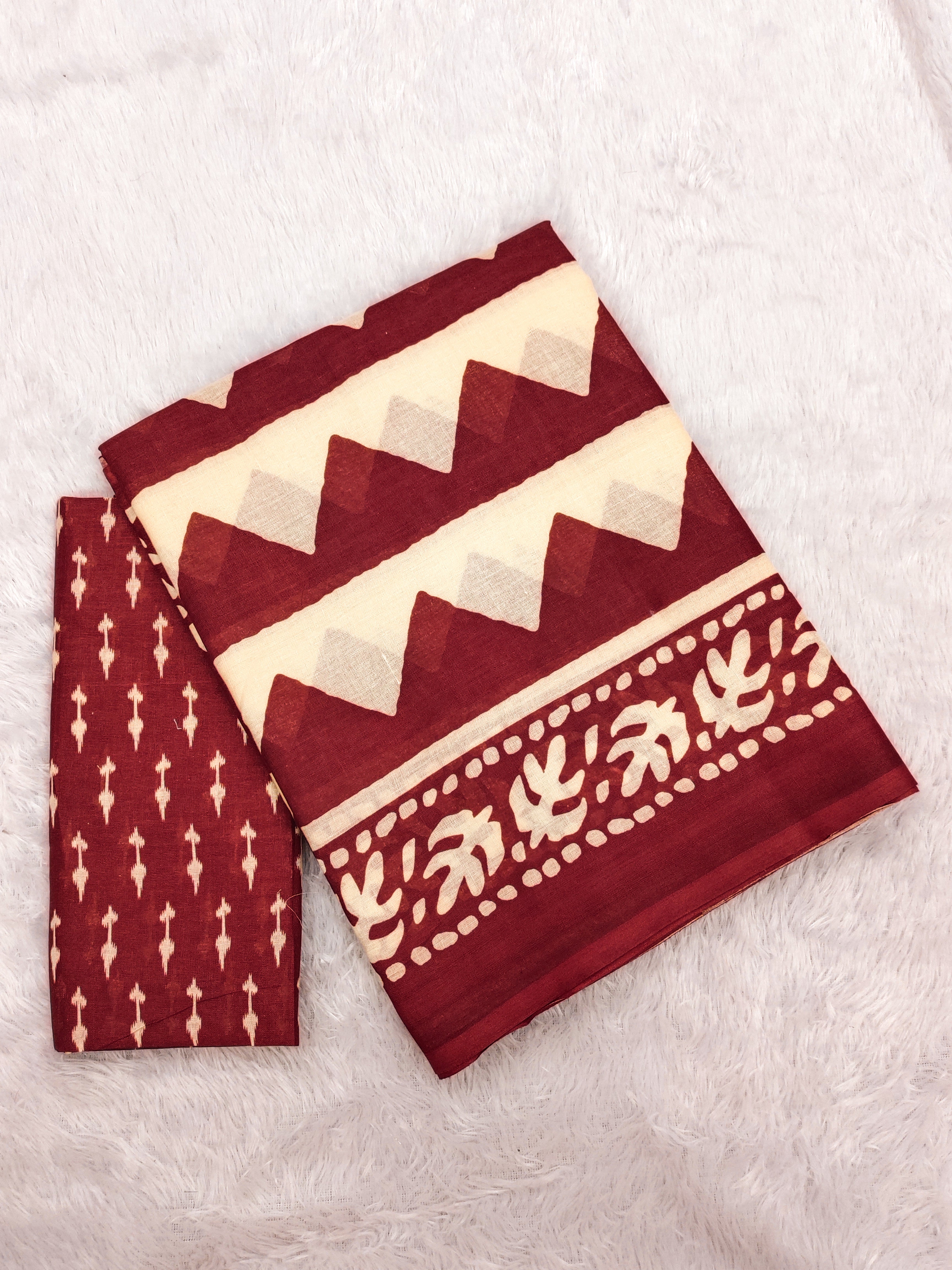 VIHAANA PURE MULMUL COTTON ZIGZAG HAND BLOCK PRINTED RED SAREE