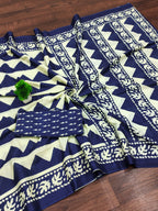 VIHAANA PURE MULMUL COTTON ZIGZAG HAND BLOCK PRINTED ROYAL BLUE SAREE
