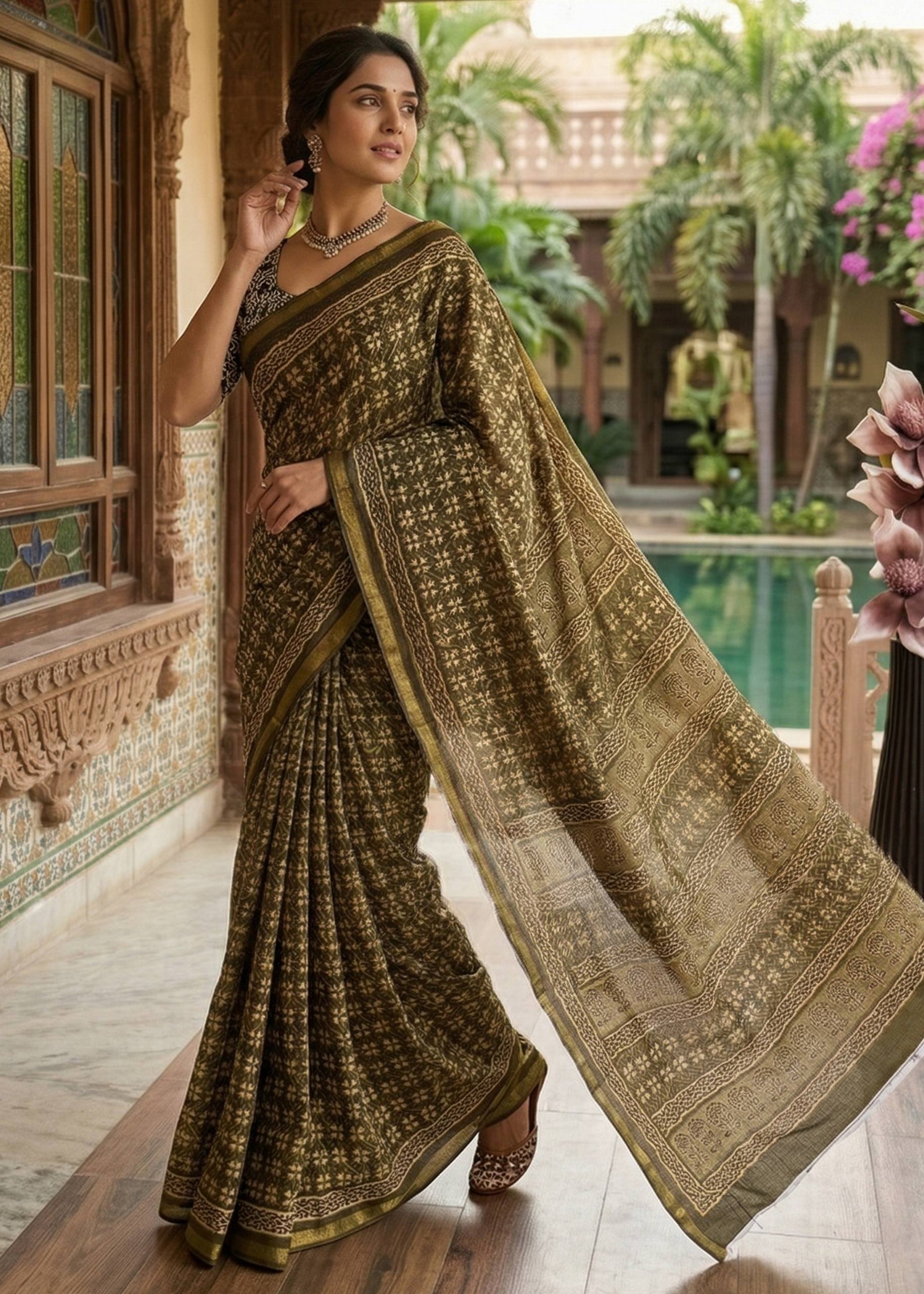 BAGRU BLOCK PRINT SOFT MASLIN COTTON WITH ZARI BORDER MULTICOLOR SAREE WITH BLOUSE