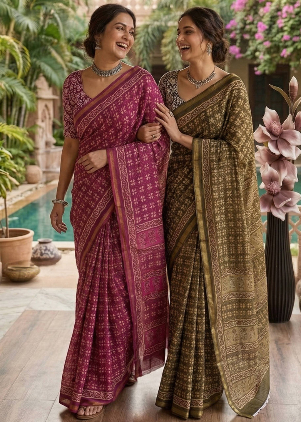 BAGRU BLOCK PRINT SOFT MASLIN COTTON WITH ZARI BORDER MULTICOLOR SAREE WITH BLOUSE