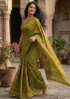 BAGRU BLOCK PRINT SOFT MASLIN COTTON WITH ZARI BORDER GREEN SAREE WITH BLOUSE
