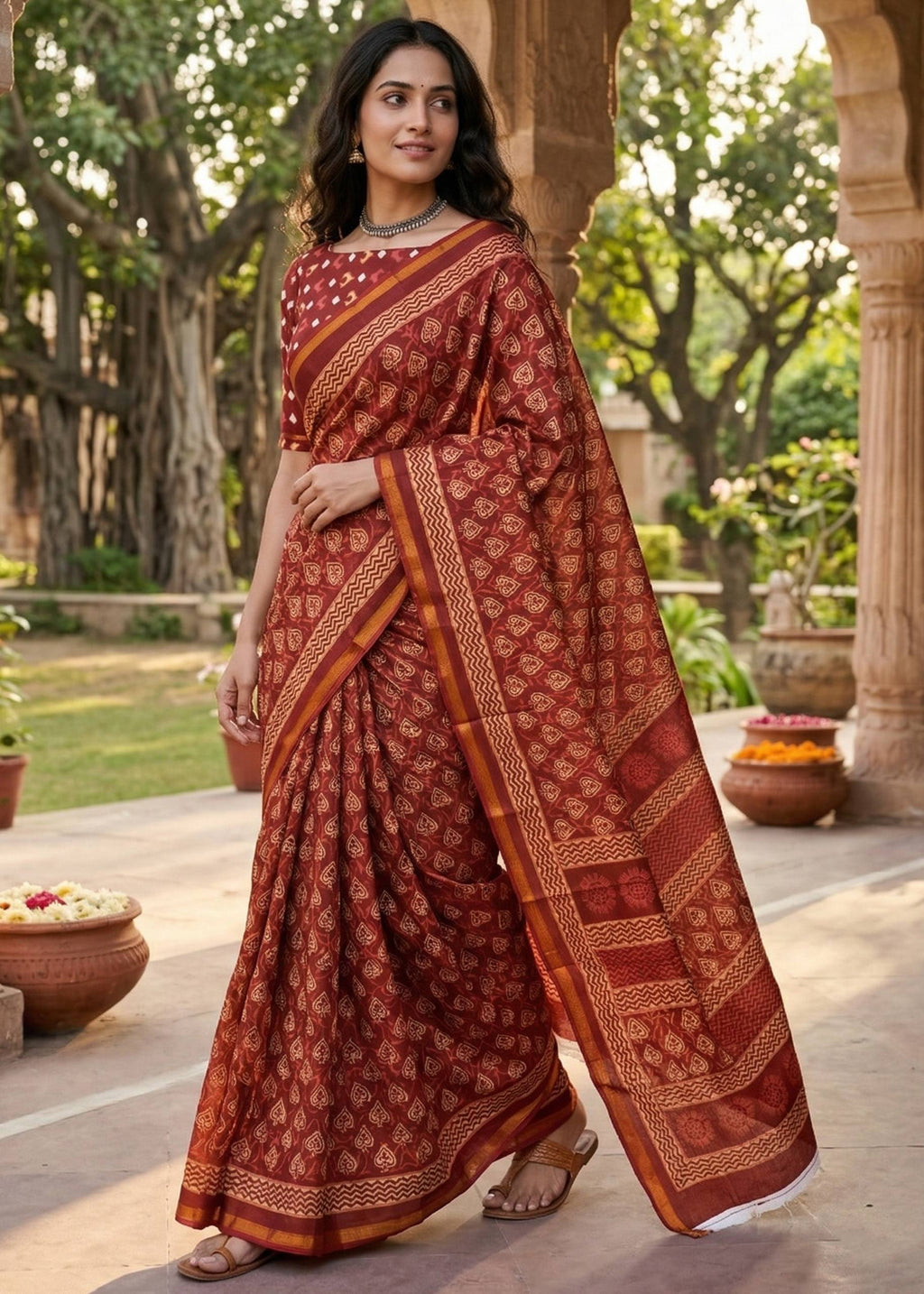BAGRU BLOCK PRINT SOFT MASLIN COTTON WITH ZARI BORDER MAROON SAREE WITH BLOUSE