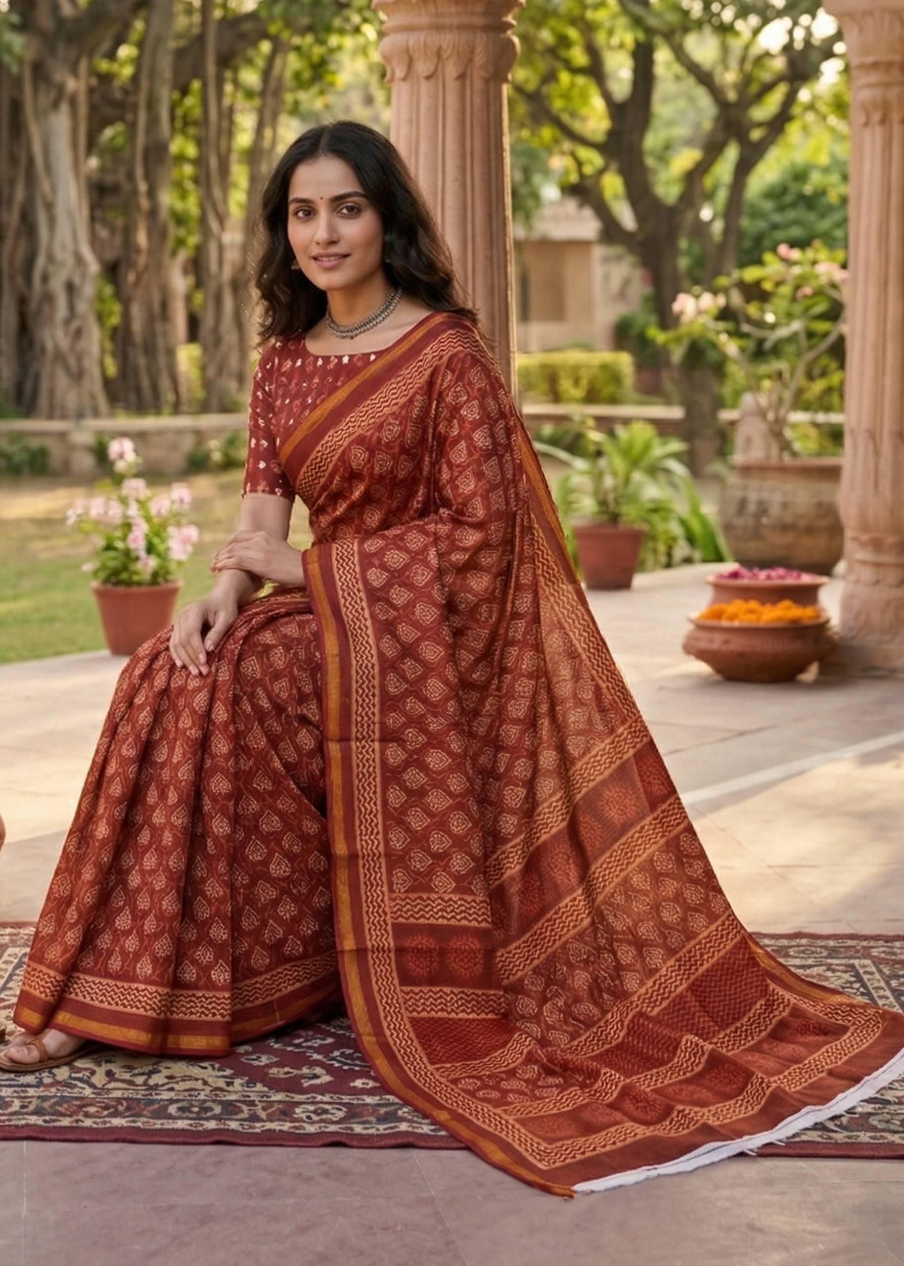 BAGRU BLOCK PRINT SOFT MASLIN COTTON WITH ZARI BORDER MAROON SAREE WITH BLOUSE
