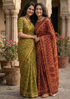 BAGRU BLOCK PRINT SOFT MASLIN COTTON WITH ZARI BORDER MAROON SAREE WITH BLOUSE