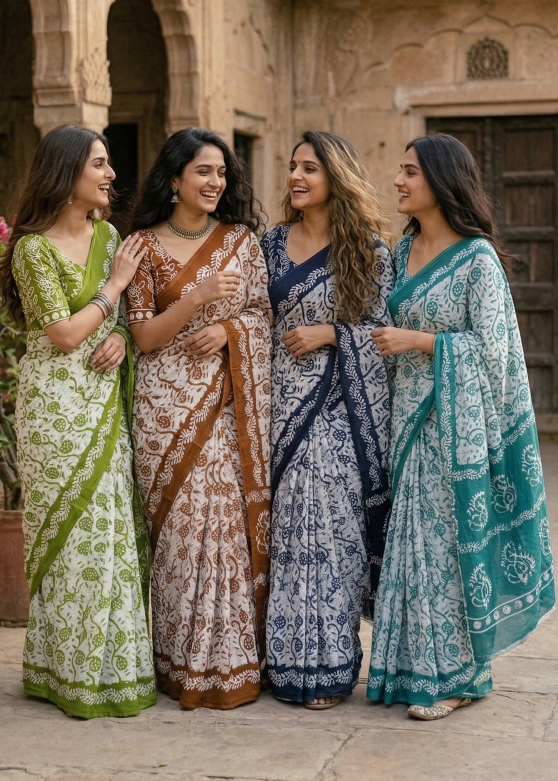 PURE SOFT COTTON BATIK PRINT GREEN SAREE WITH BLOUSE