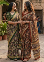 KALAMKARI PURE MULMUL HAND BLOCK PRINT COTTON BROWN SAREE WITH BLOUSE