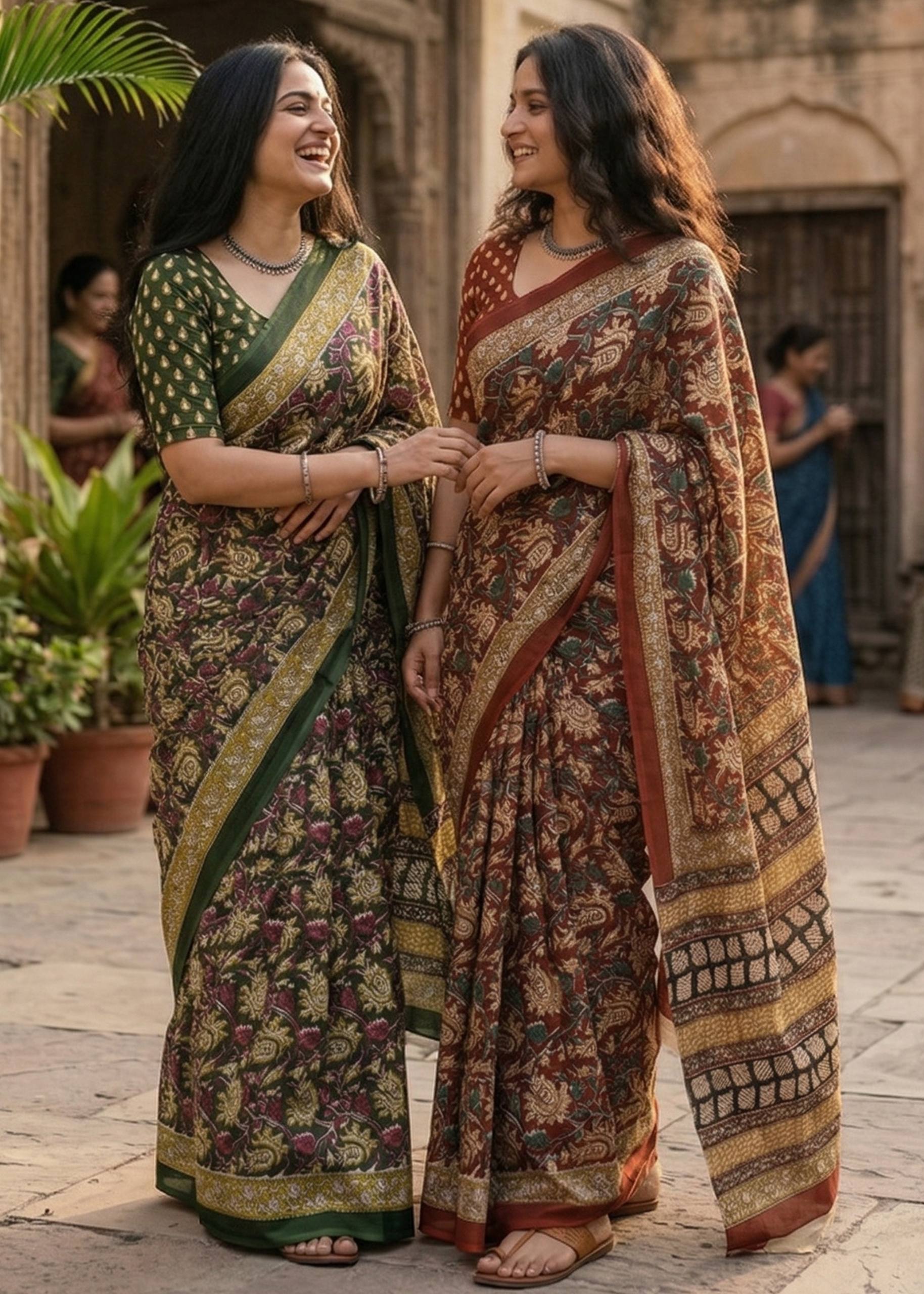 KALAMKARI PURE MULMUL HAND BLOCK PRINT COTTON BROWN SAREE WITH BLOUSE
