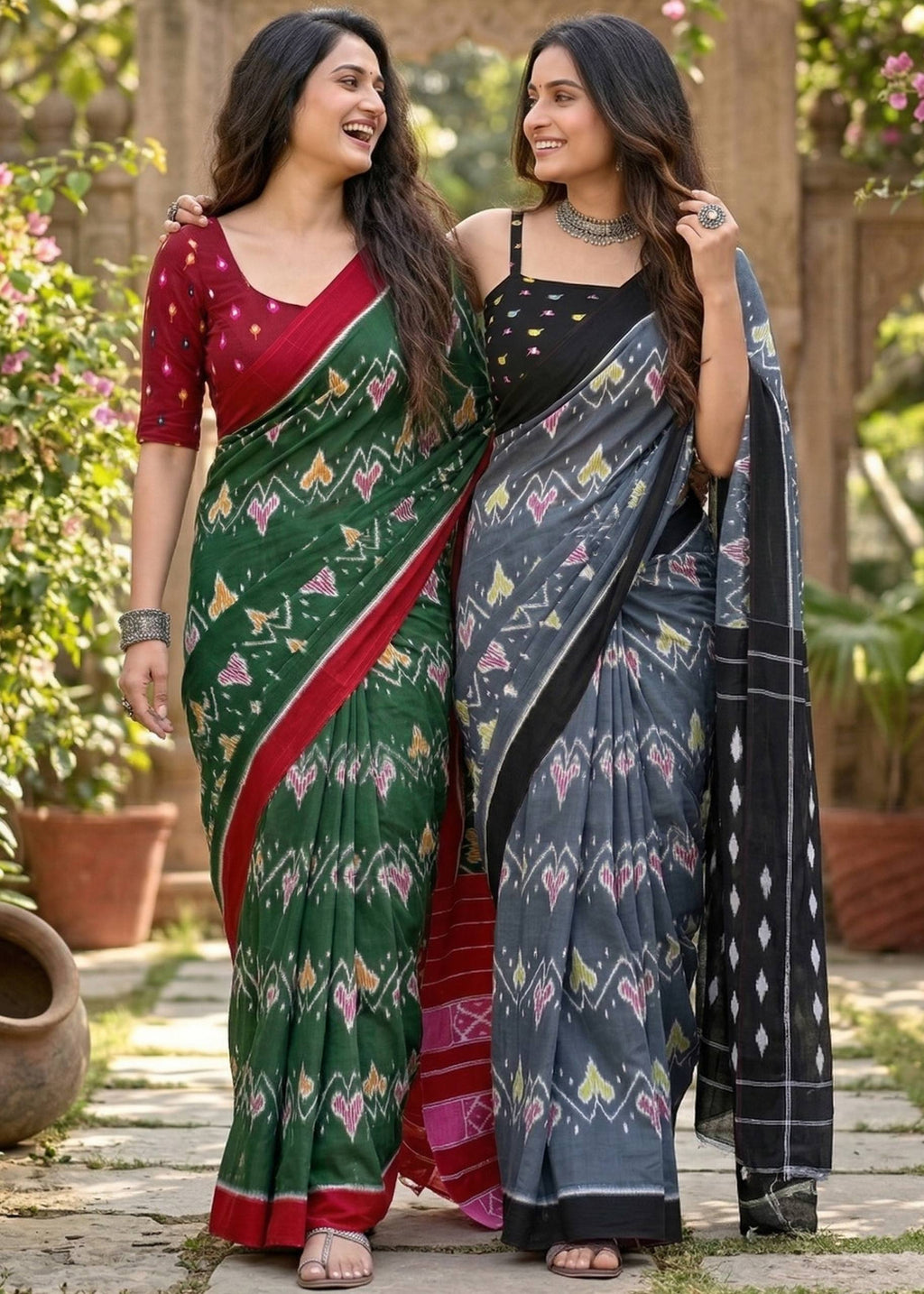 IKKAT PRINT MULMUL COTTON GREY SAREE WITH BLOUSE