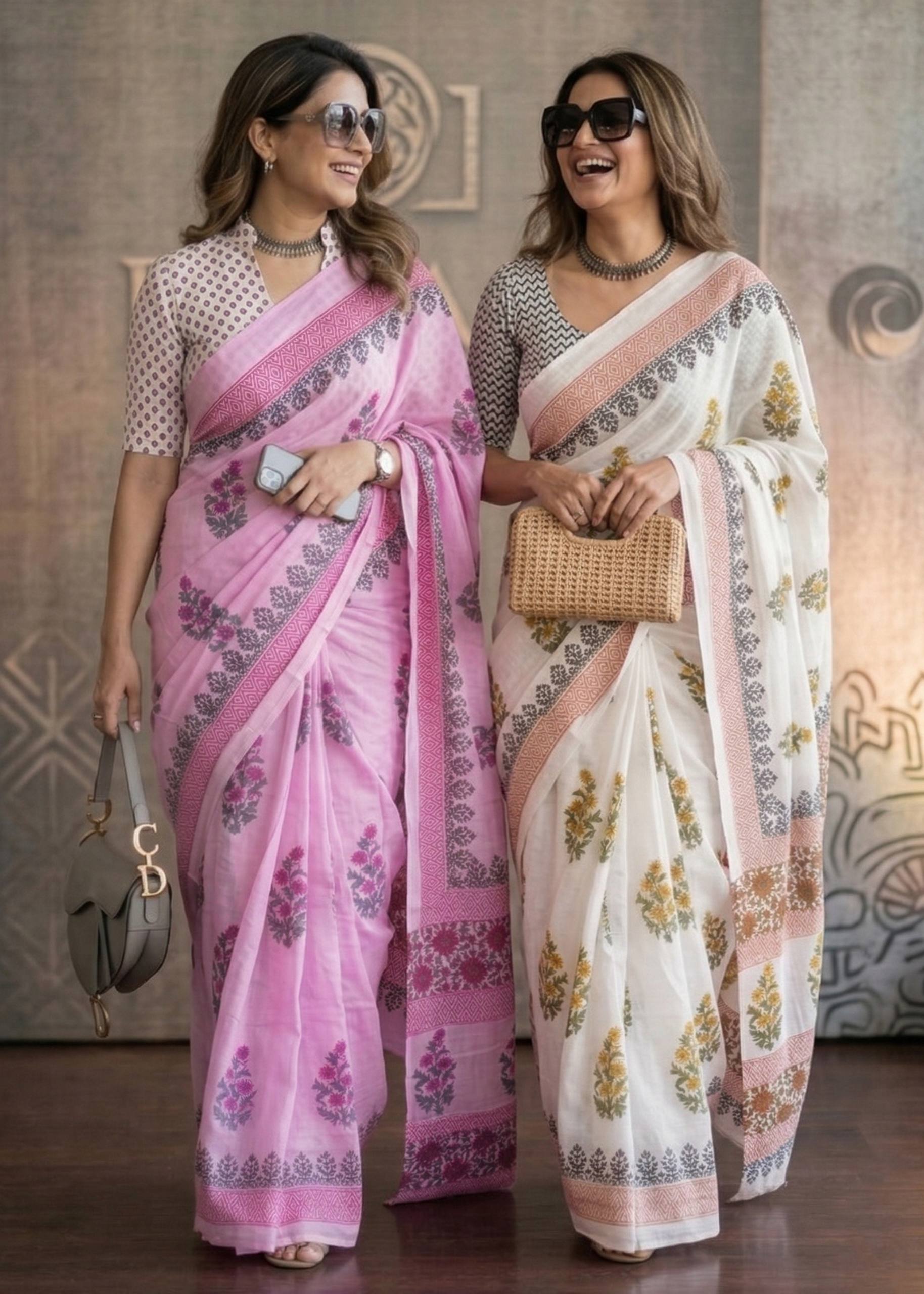 RAJESHTANI PURE MULMUL COTTON HAND BLOCK PRINTED PINK SAREE WITH BLOUSE