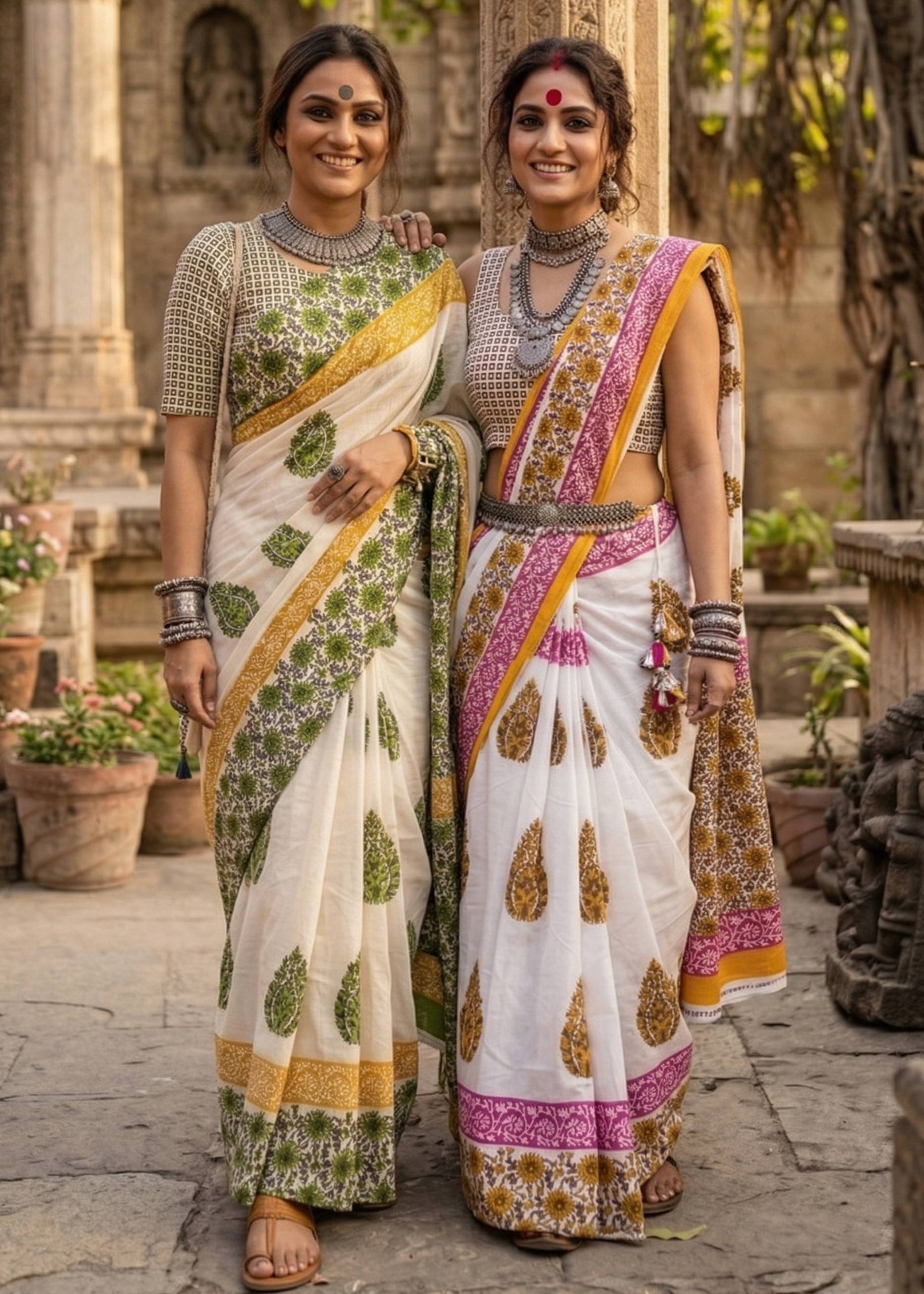 PURE MULMUL COTTON RAJWADI HAND BLOCK PRINTED GREEN SAREE WITH BLOUSE