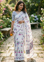 PURE MULMUL COTTON FLORAL TEST BRUSH PRINTED WHITE SAREE WITH BLOUSE
