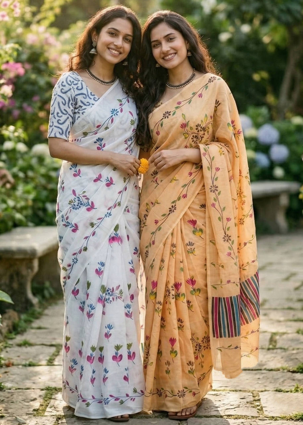 PURE MULMUL COTTON FLORAL TEST BRUSH PRINTED WHITE SAREE WITH BLOUSE