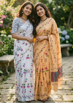 PURE MULMUL COTTON FLORAL TEST BRUSH PRINTED WHITE SAREE WITH BLOUSE