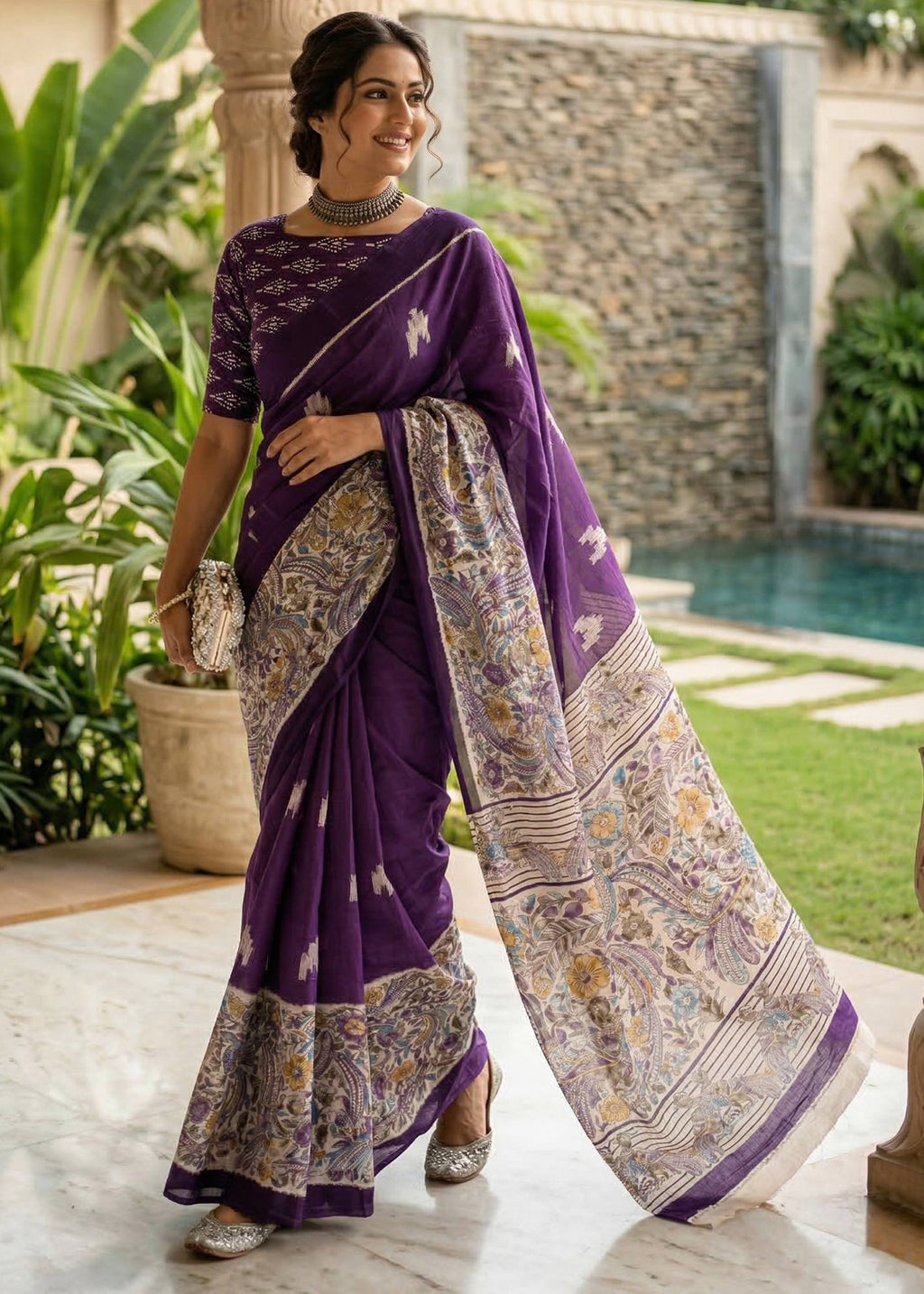 PURE MULMUL COTTON IKKAT PRINTED WITH KALAMKARI PRINTD PALLU PURPLE SAREE WITH BLOUSE